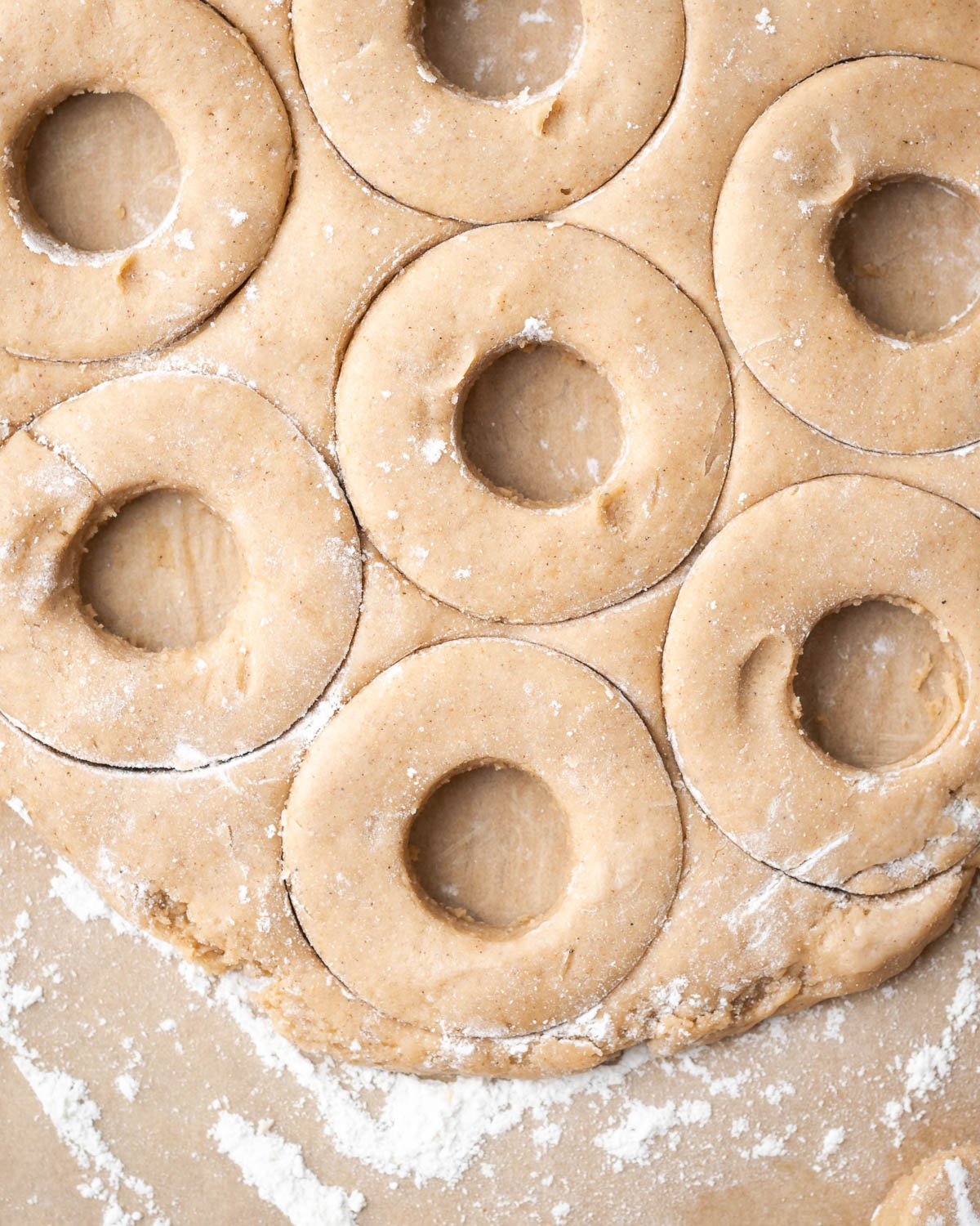 Apple cider donut dough being cut into circles before frying.