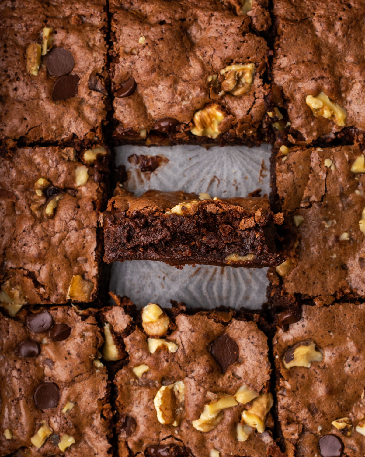 Closeup of sliced brownies in the pan.