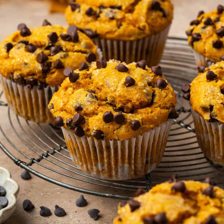 A batch of gluten free pumpkin chocolate chip muffins on a small cooling rack.