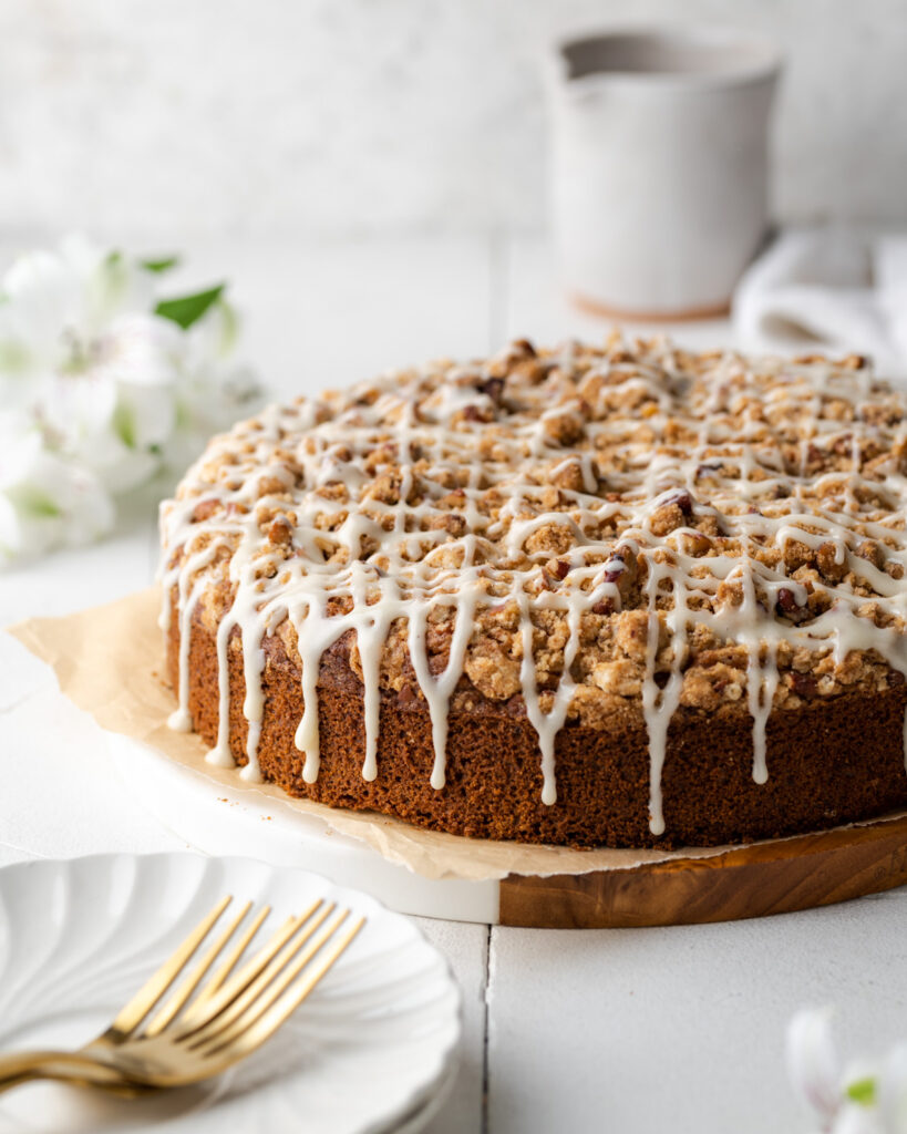 Carrot cake coffee cake on a table.