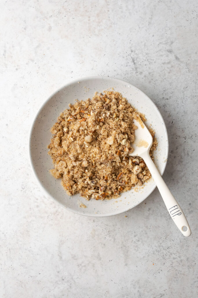 Crumb topping ingredients mixed together in a small bowl.