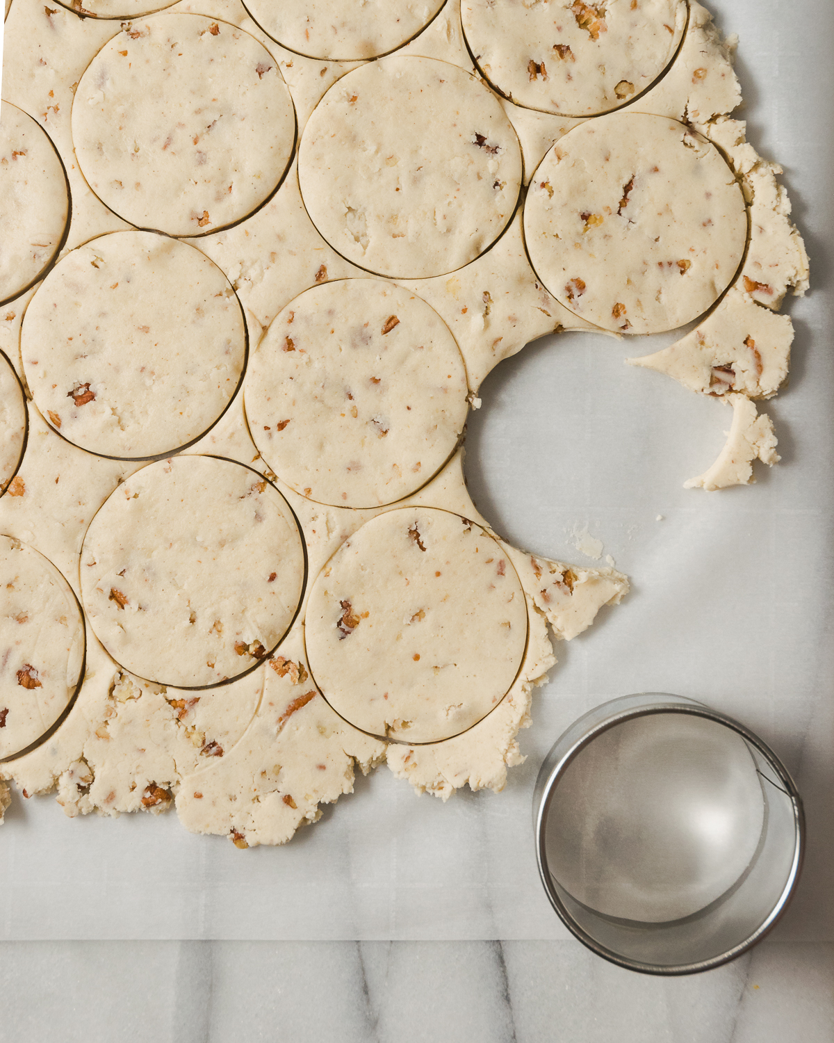 A sheet of pecan shortbread dough being cut into circles.