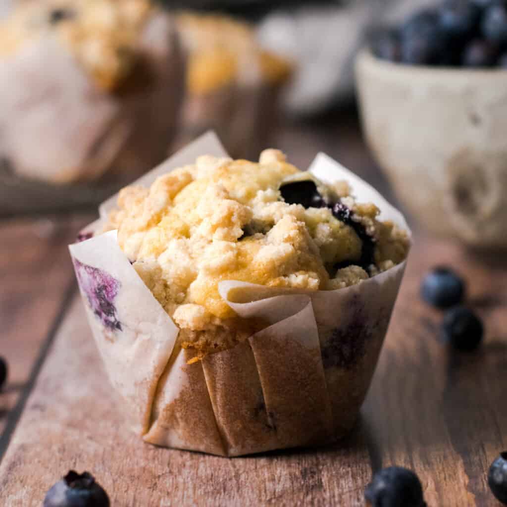 A single gluten free blueberry muffin in a paper wrapper.