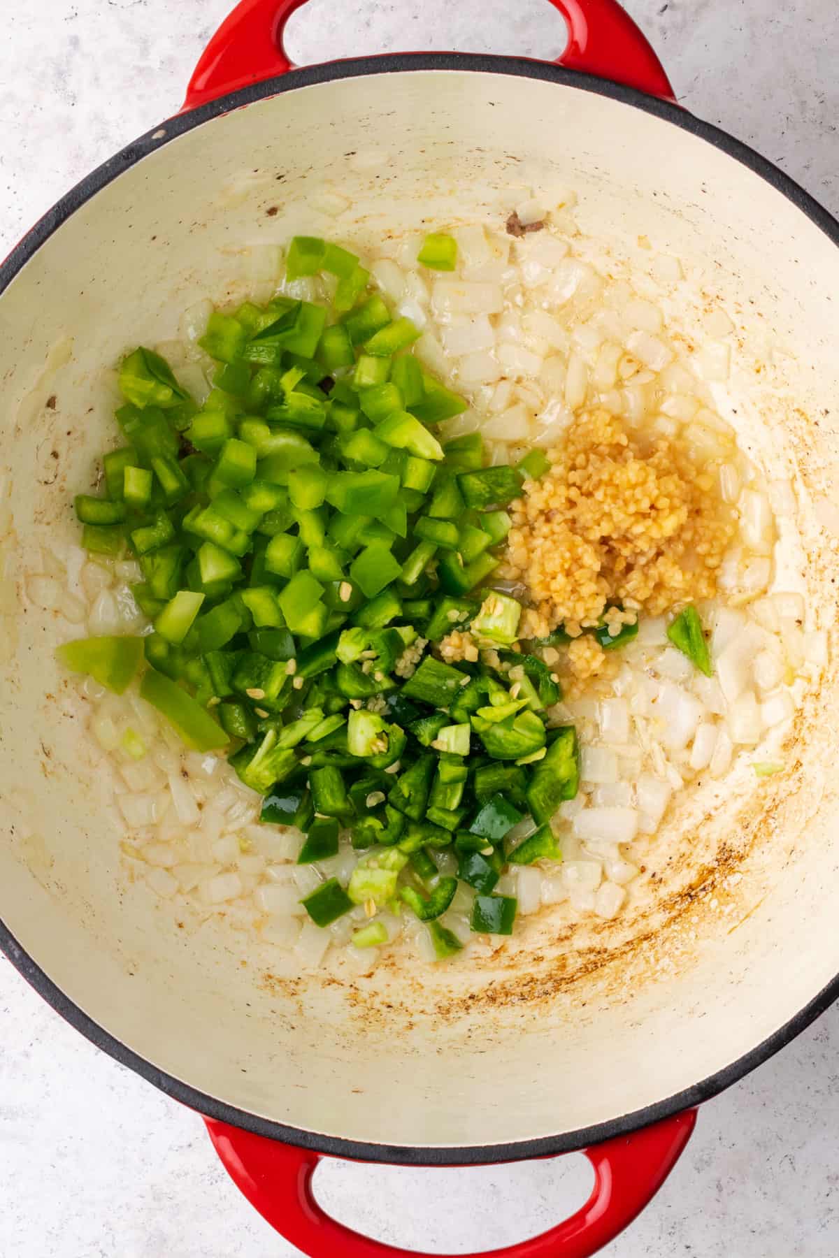 Onions, peppers and garlic in a large soup pot.