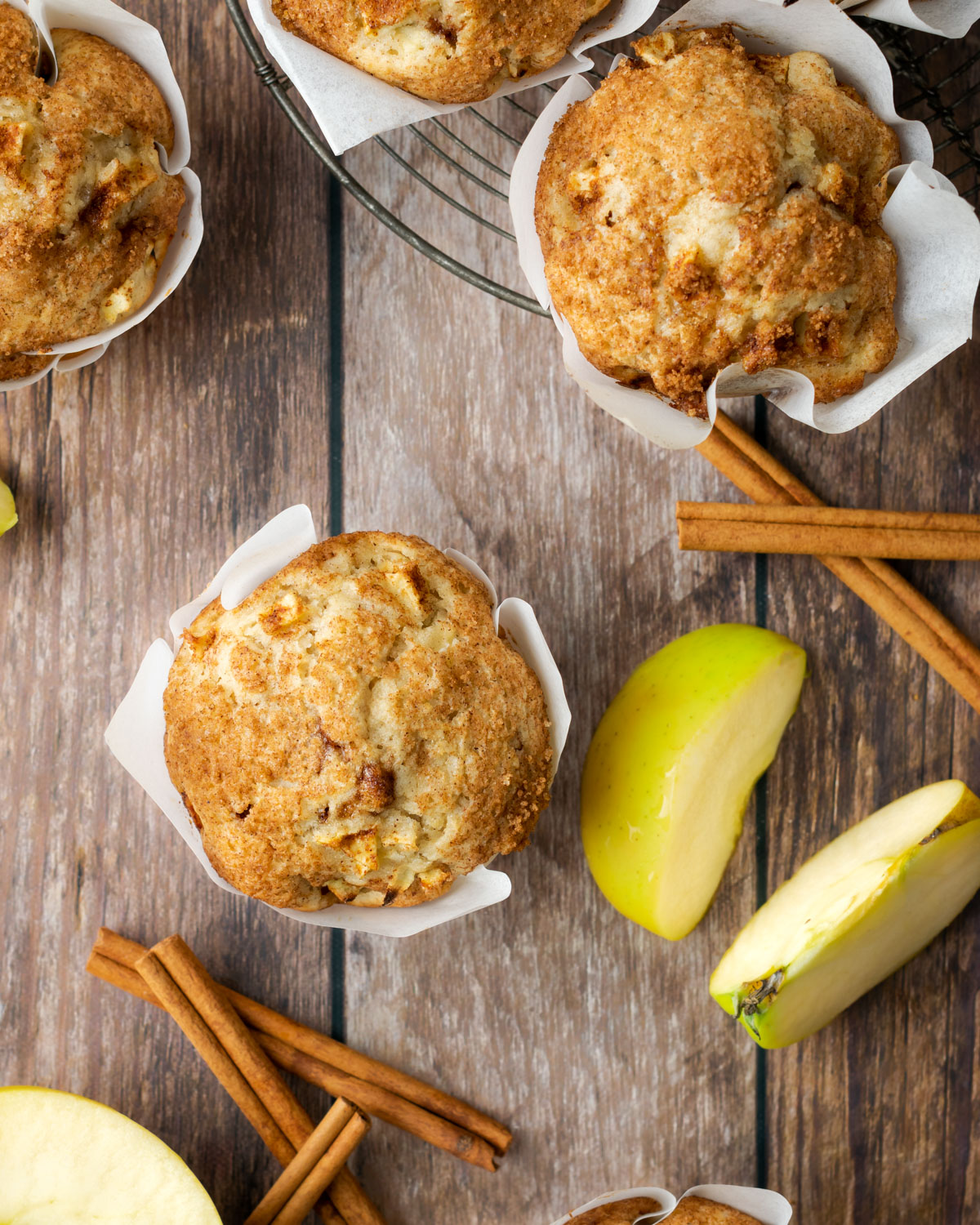 Overhead view of apple muffins.
