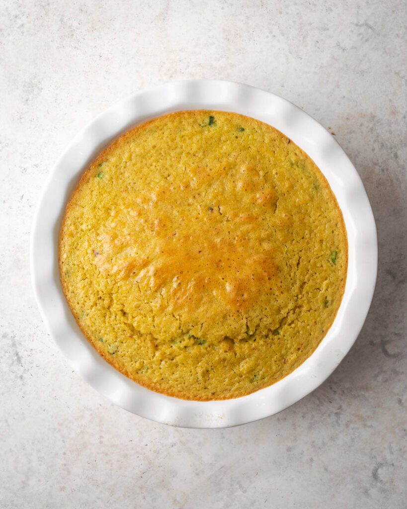 A freshly baked dish of gluten free corn pudding.