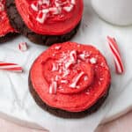 Double chocolate cookie topped with peppermint frosting and candy cane pieces.
