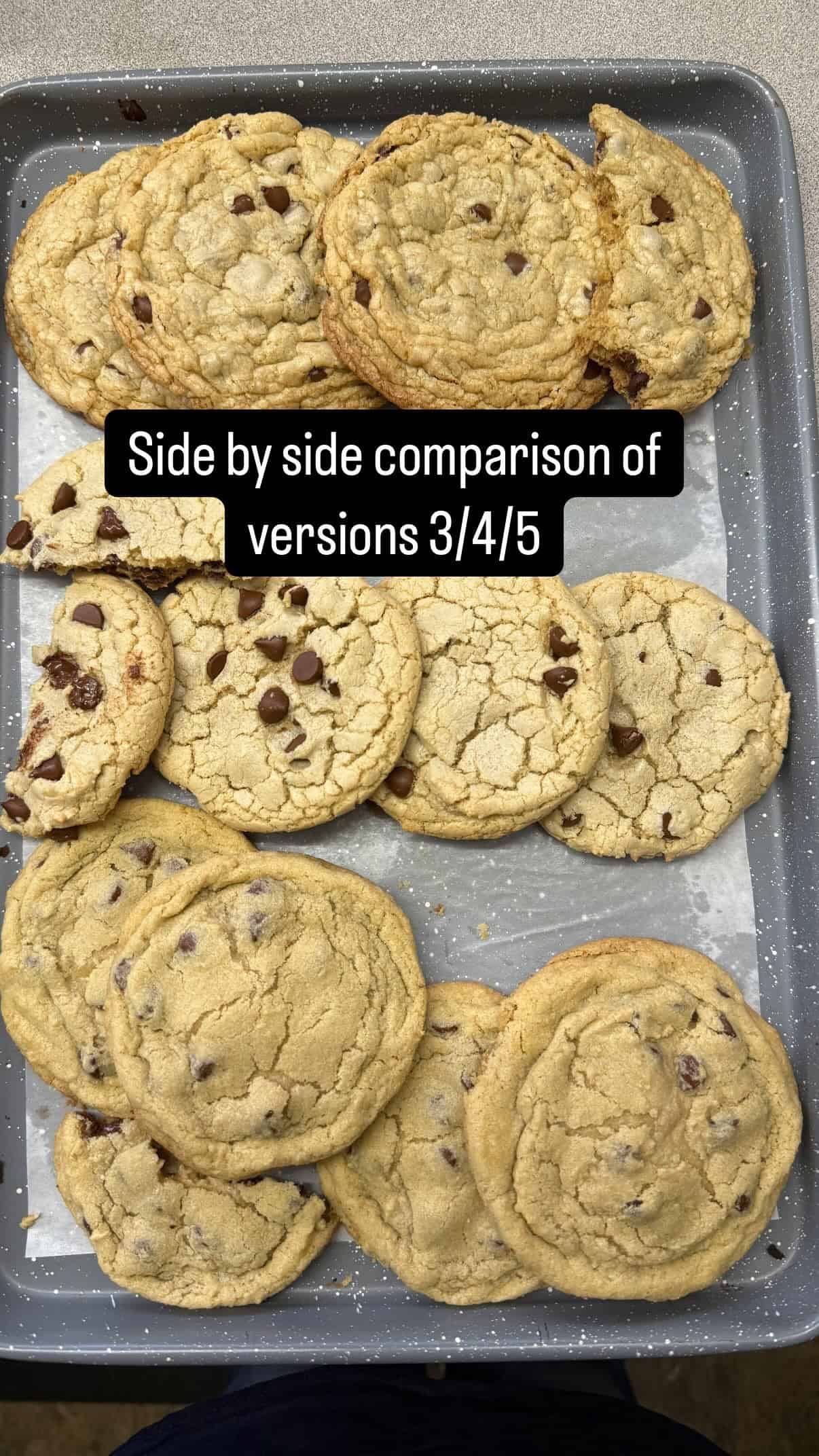 A side by side photo showing three different versions of this cookie recipe being tested.