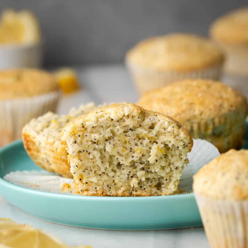 Gluten free lemon poppy seed muffin on a blue plate.