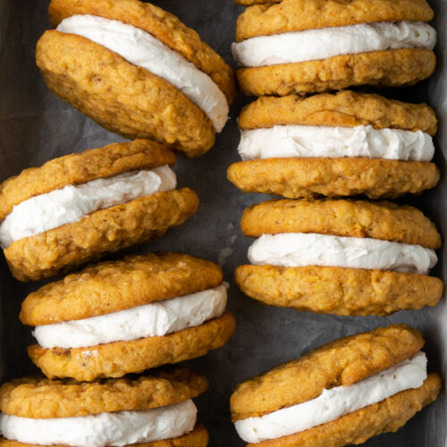 Close up of carrot cake whoopie pies.