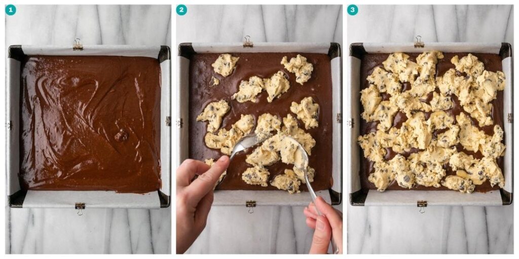 Step by step instructions showing cookie dough being added to the top of the brownies.