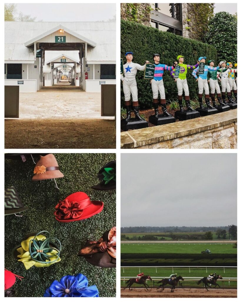 A photo collage showing a horse stable, jockey statues, fancy derby hats, and a horse race at Keeneland race track in Kentucky.