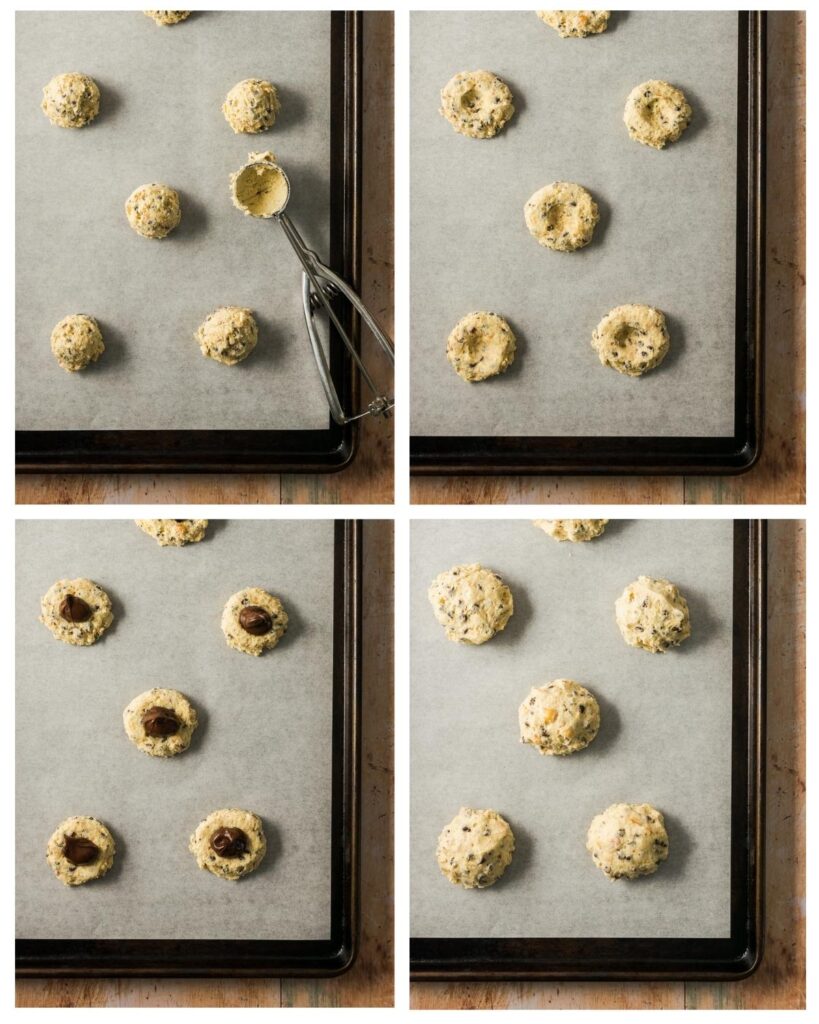 Step by step instructions showing how to fill the inside of the cookie dough.