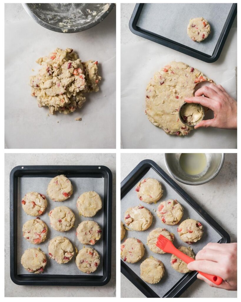 Scone dough being patted into a circle and cut into scones.