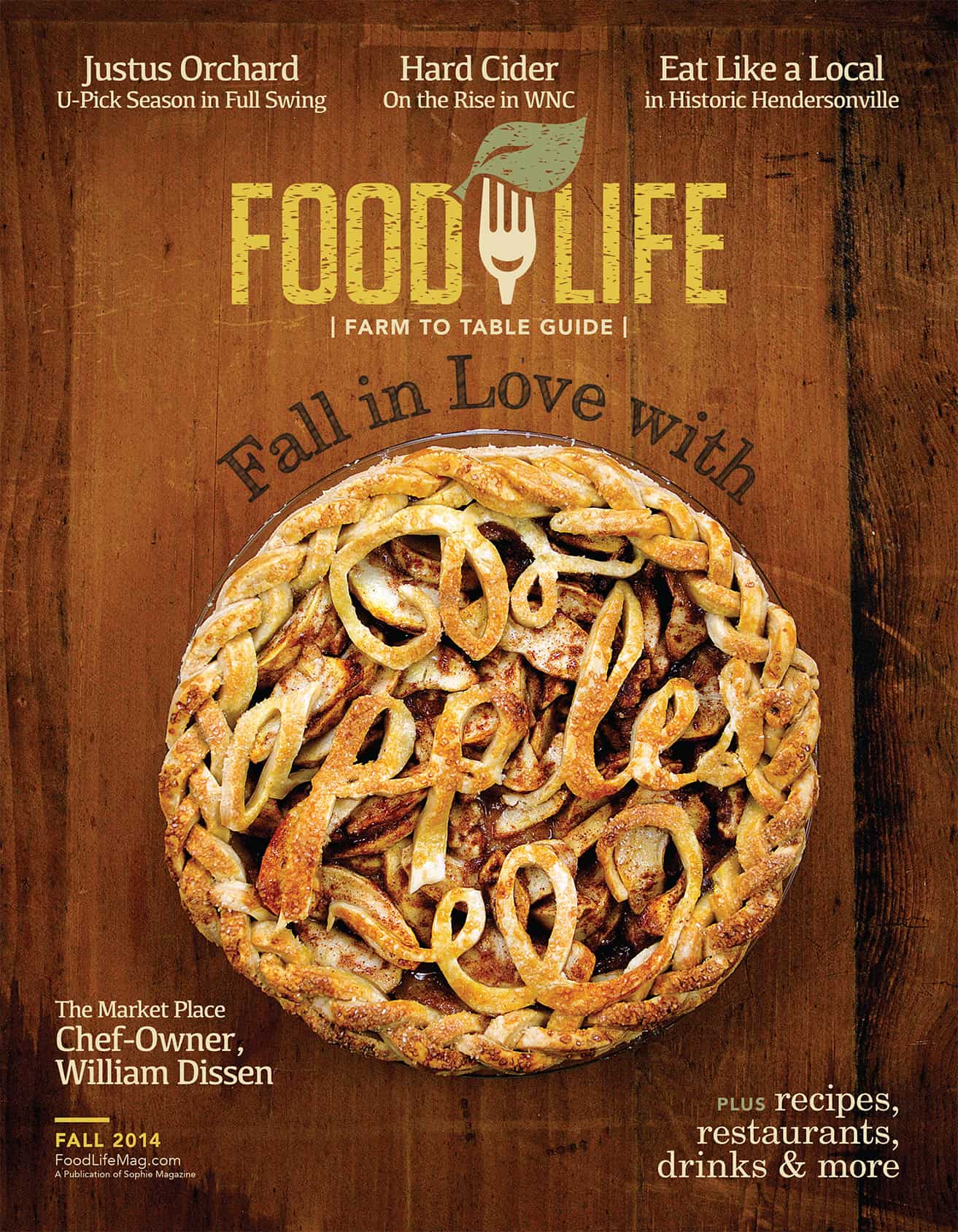 Fall 2014 cover of Food Life Magazine with an apple pie on a wooden table.