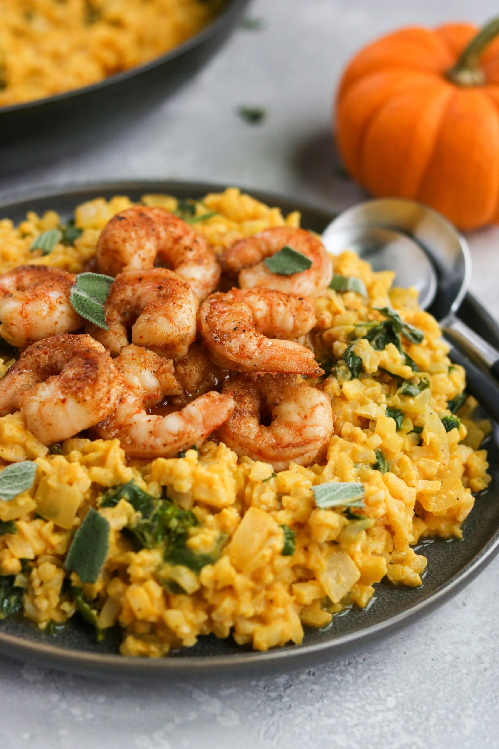 Pumpkin risotto topped with cooked spiced shrimp.