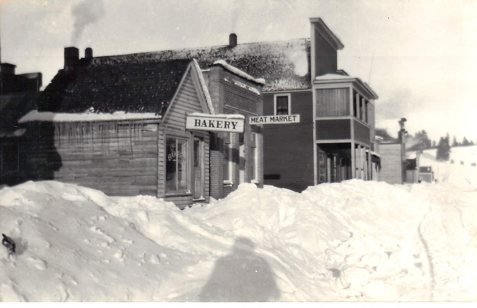 An old clapboard bakery on a snowy street in Idaho.