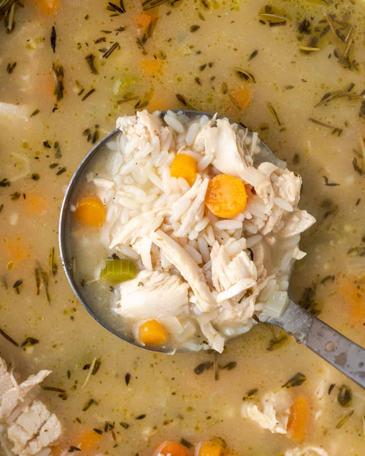 A closeup of chicken and rice soup in a ladle.