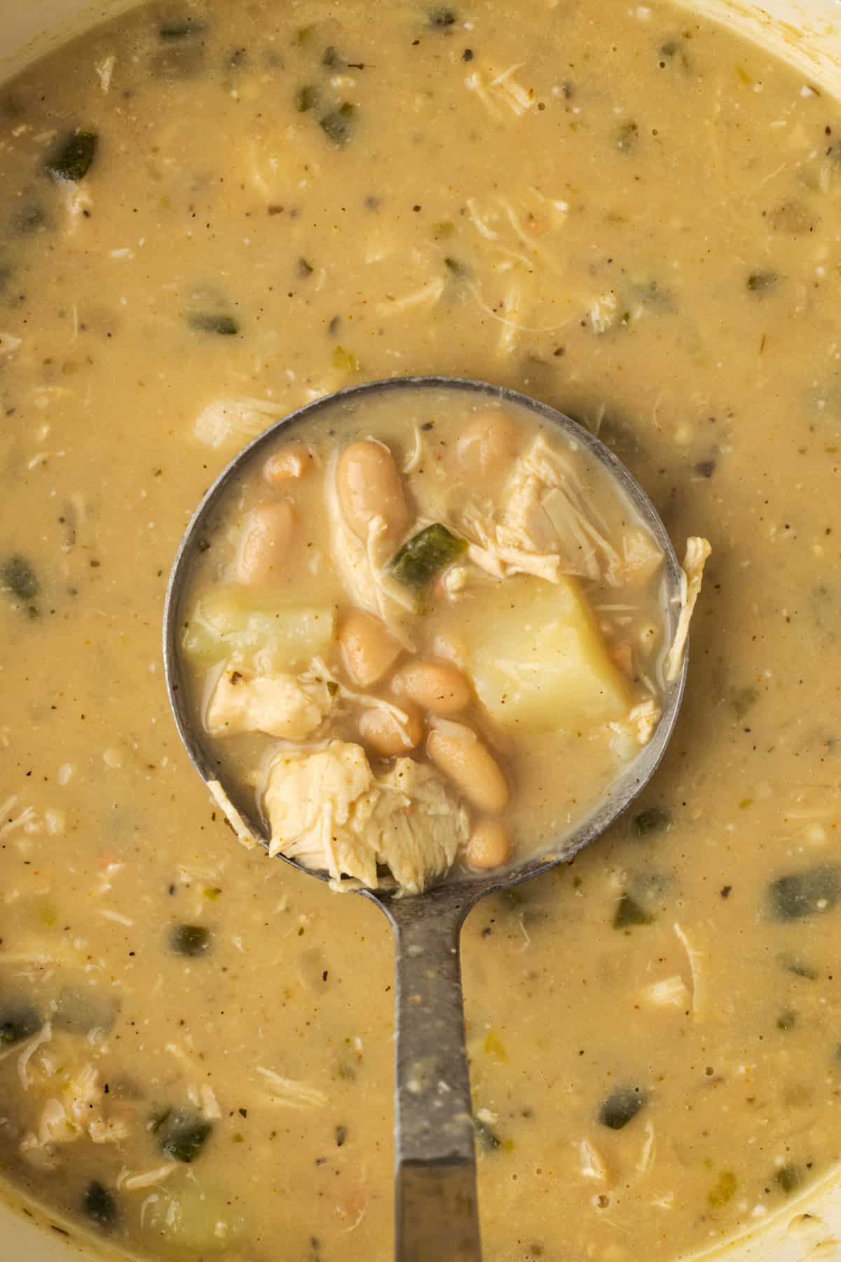 Closeup of soup being ladeled out of the pot.