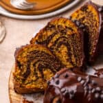 Slices of gluten free chocolate pumpkin bundt cake.