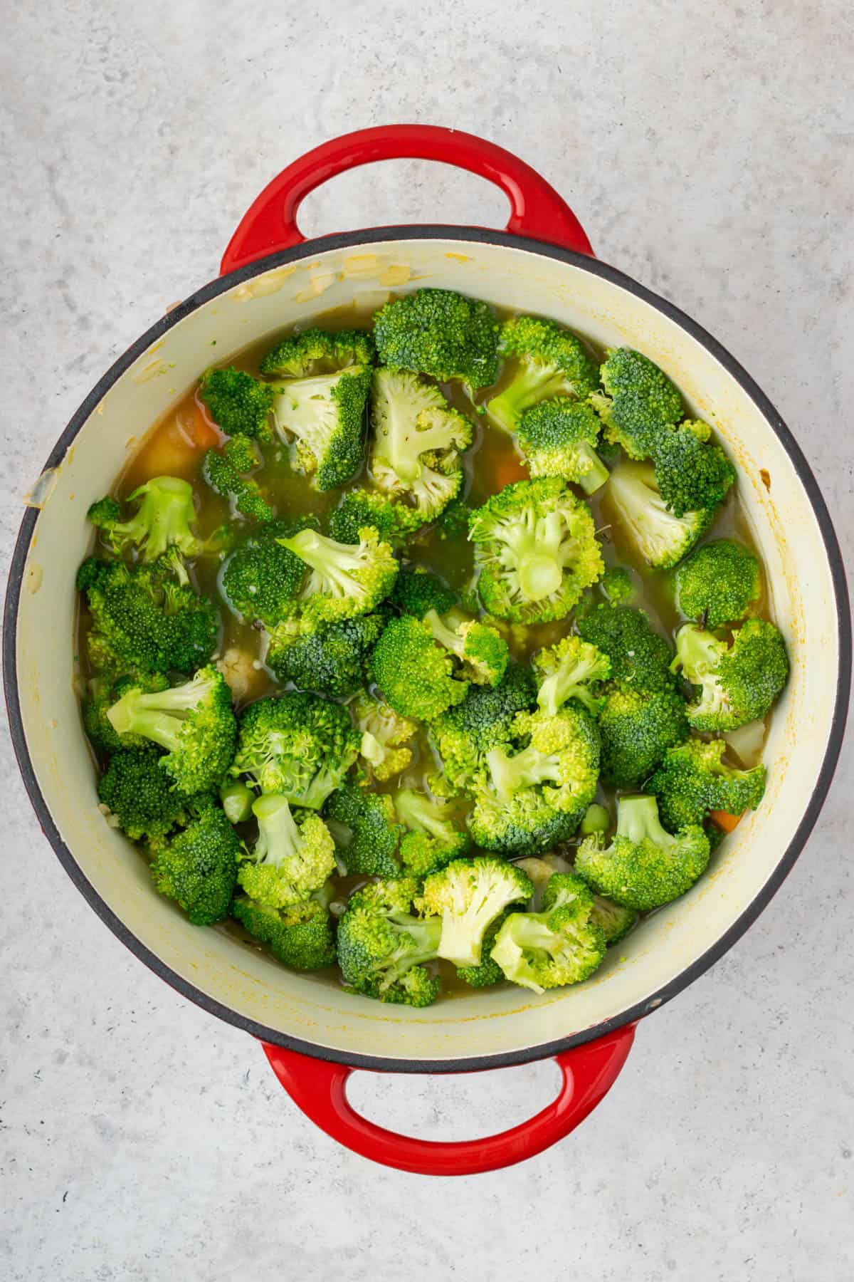 Broccoli florets added to the soup pot.