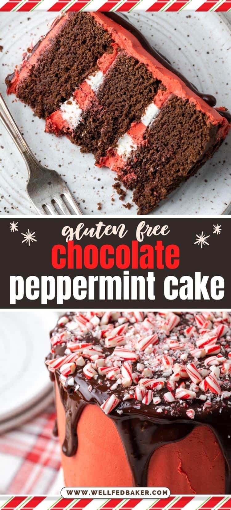 Pin for gluten free chocolate peppermint cake.