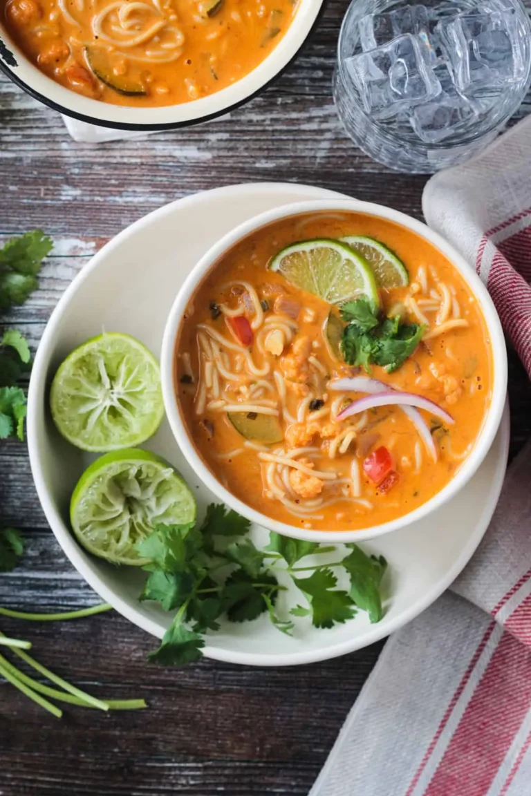 A bowl of red curry Thai noodle soup garnished with lime wedges on a wooden table.