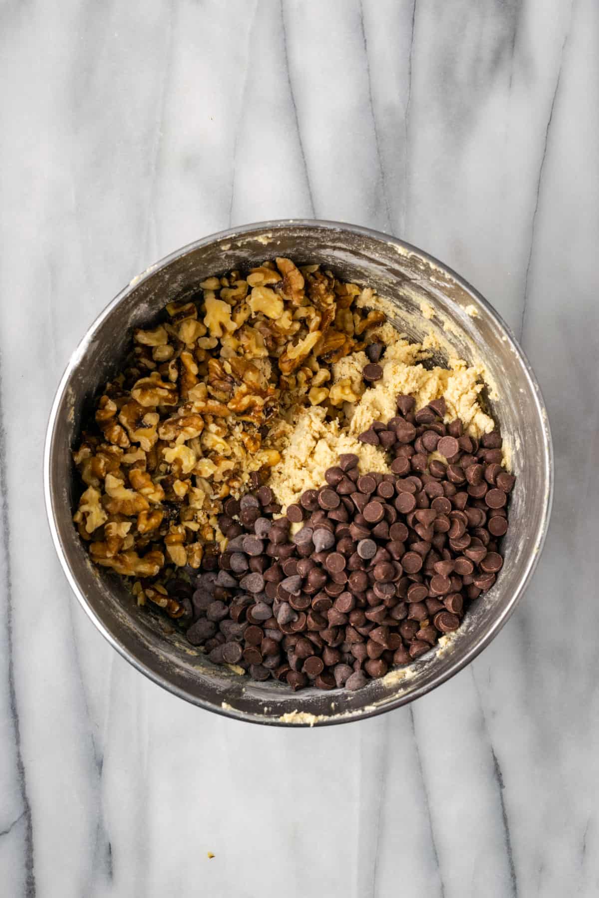 Chocolate chips and walnuts added to the levain cookie dough.