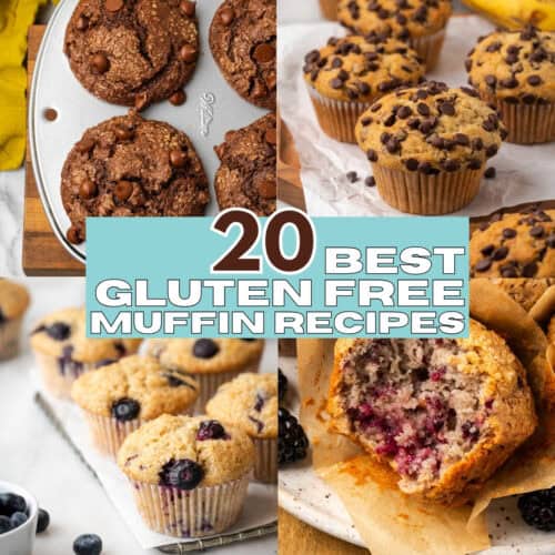 A collage of four gluten free muffins in a grid.