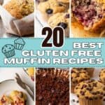 A collage of six photos of gluten free muffins in a grid.