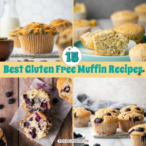 A collage of four photos showing gluten free pumpkin muffins, gluten free lemon poppy seed muffins, and gluten free blueberry muffins