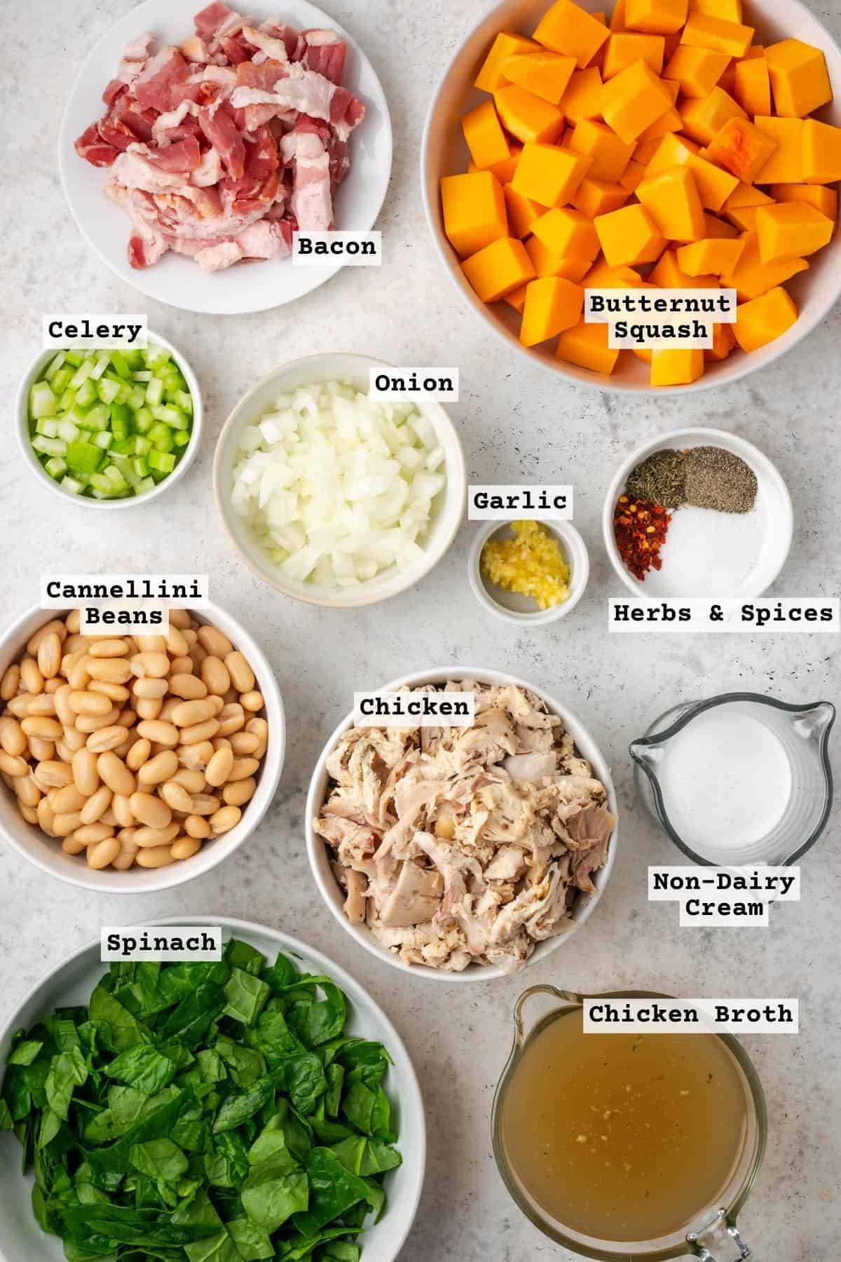 Ingredients for a creamy chicken butternut squash soup on a white table.