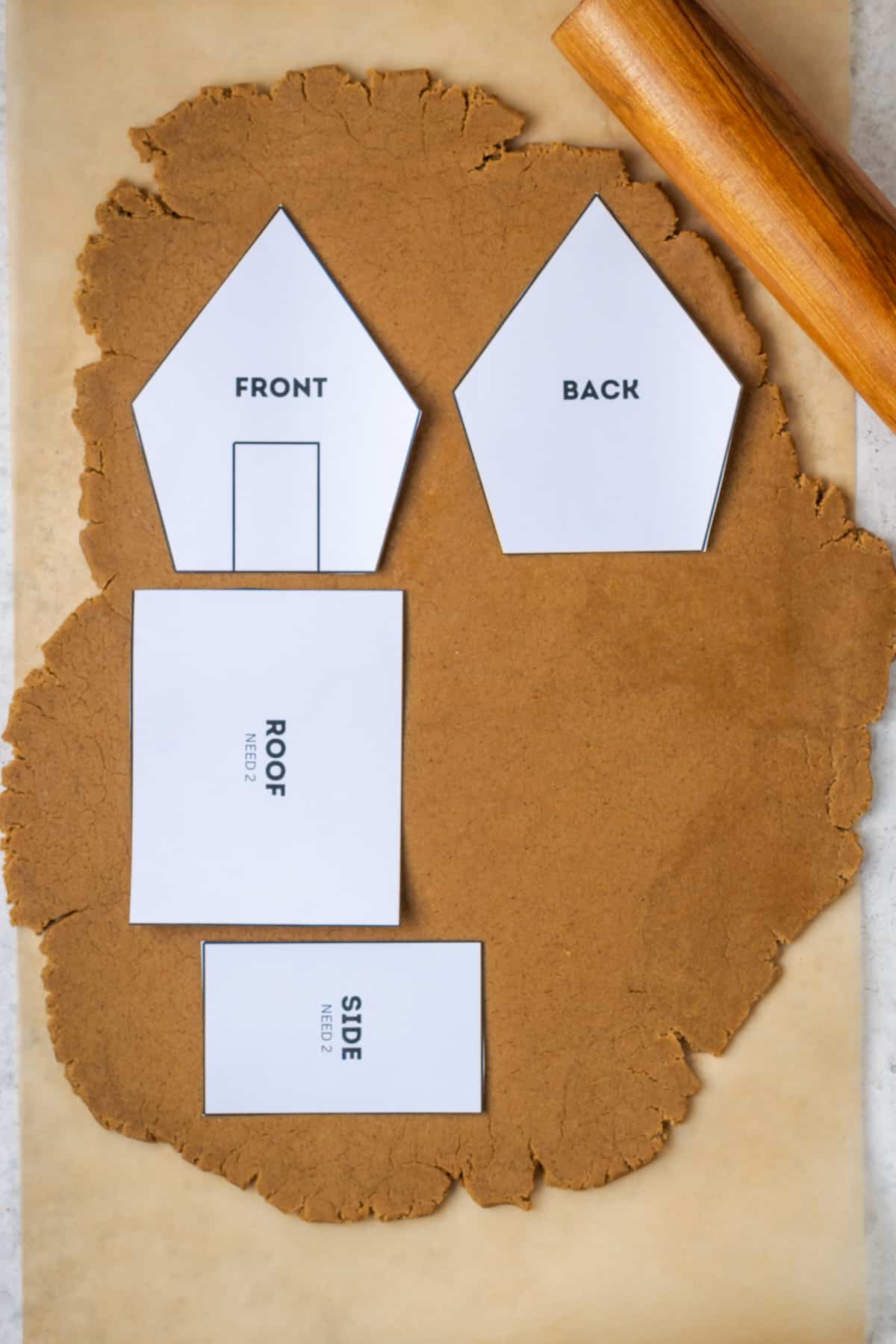 Gingerbread template pieces laid out on top of the gluten free dough. 