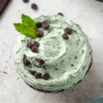 A chocolate cupcake topped with mint chocolate chip frosting.