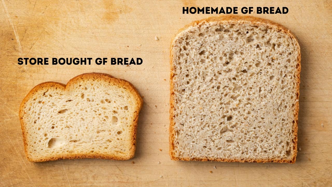 A side by side comparison of the size of storebought gluten free bread compared to this homemade gluten free bread.