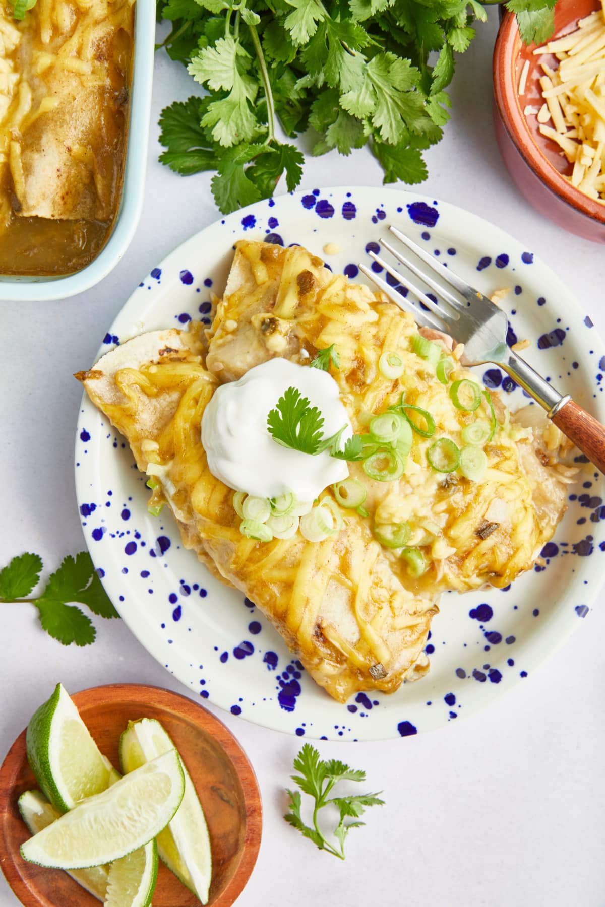 A serving of hatch chile enchiladas on a dinner plate.