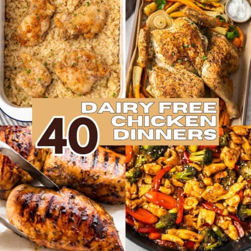 A collage of four photos showing different dairy free chicken dinners.