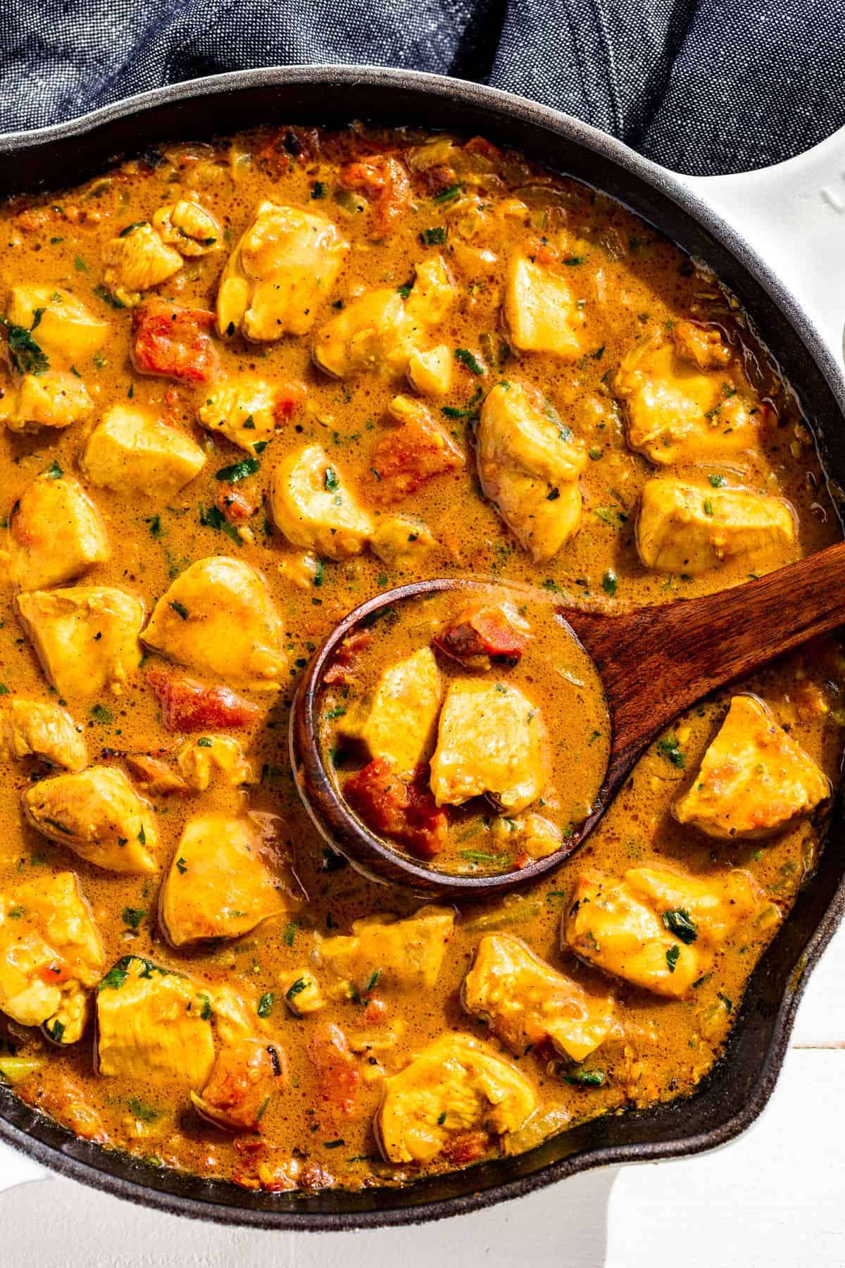 A spoon scooping chicken curry from a saucepan.