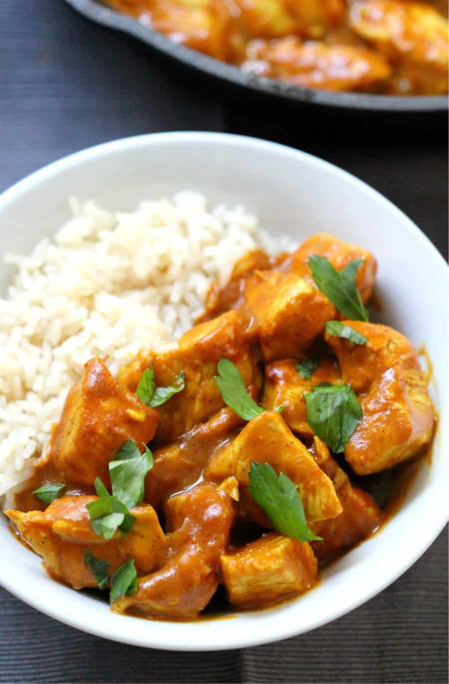 Dairy free butter chicken served with white rice.