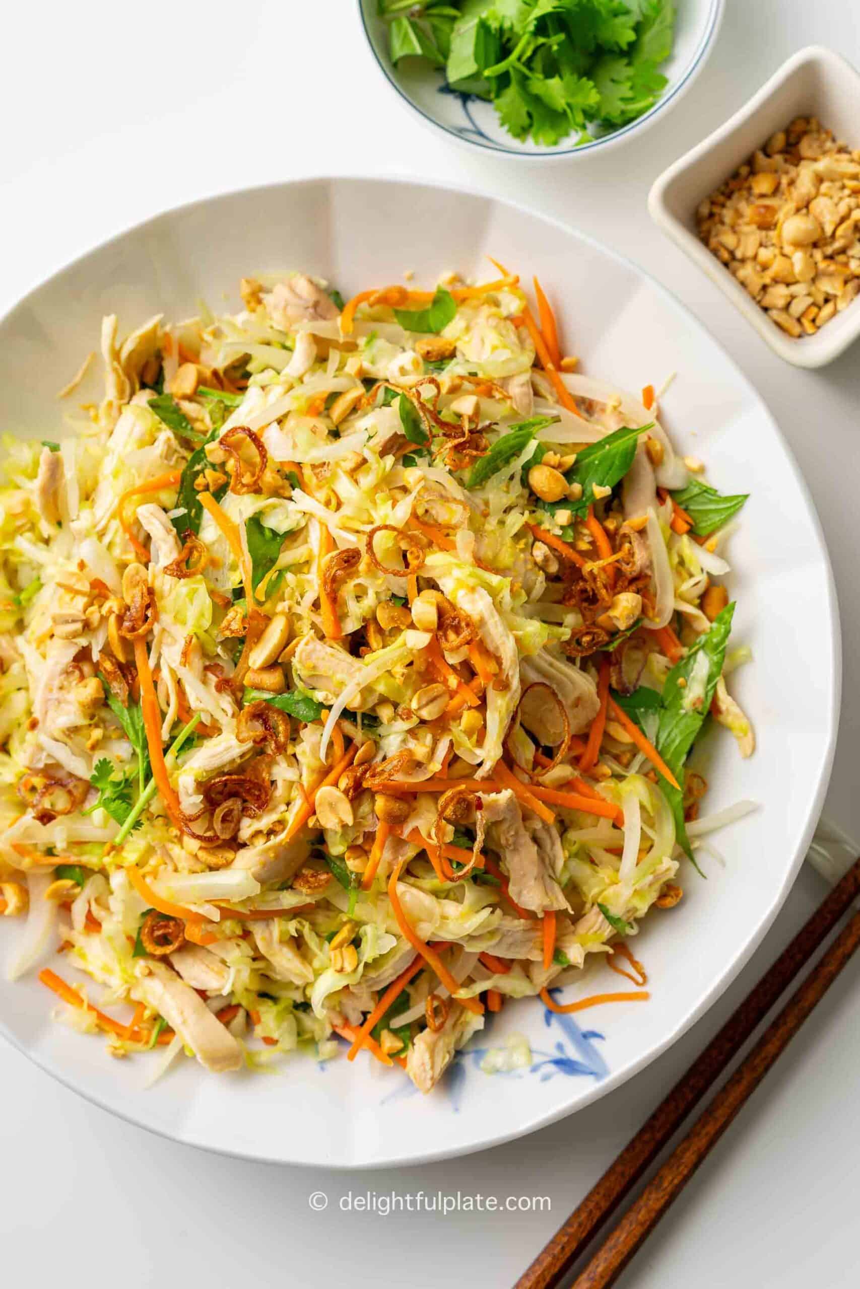 Vietnamese chicken and cabbage salad in a large bowl.