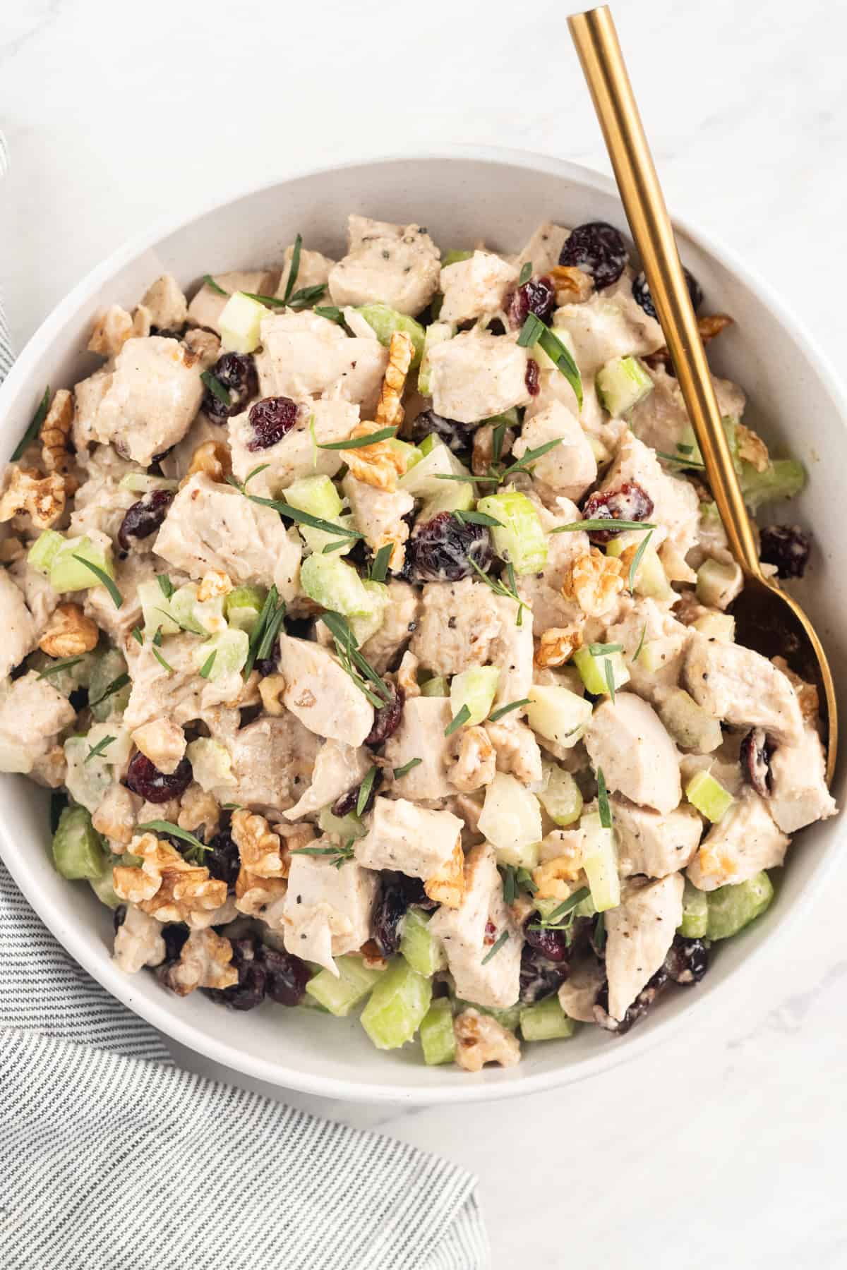 A spoon scooping into a large bowl of cranberry walnut chicken salad.