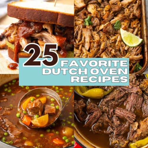 A collage of four photos showing pulled pork, pot roast and beef stew cooked in a dutch oven.