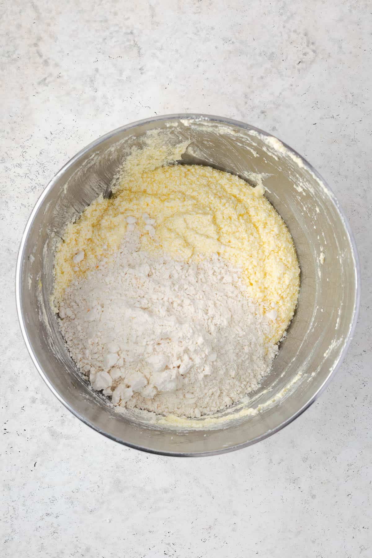 Dry ingredients being mixed into the wet ingredients.