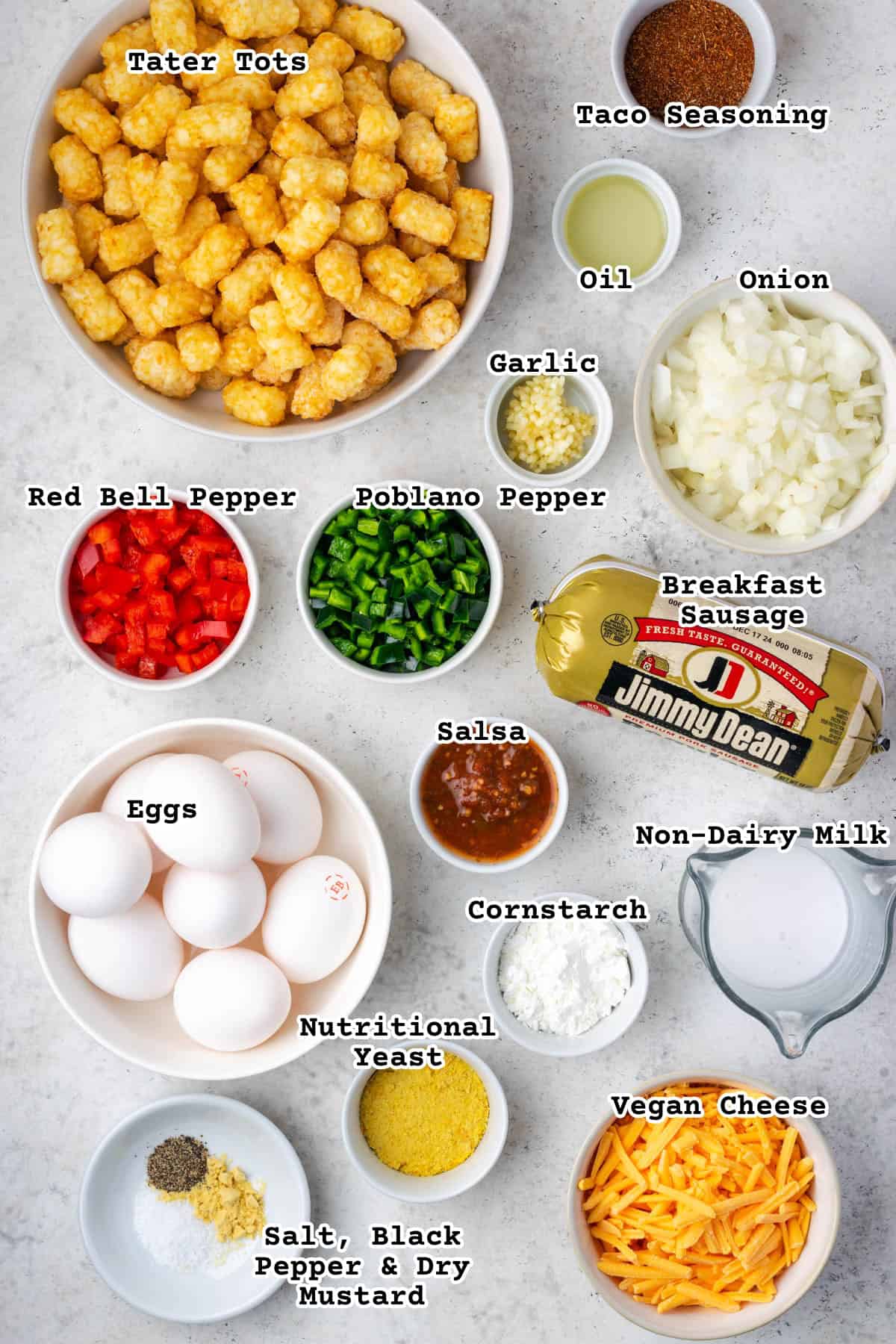 Ingredients for Mexican breakfast casserole on a countertop. 