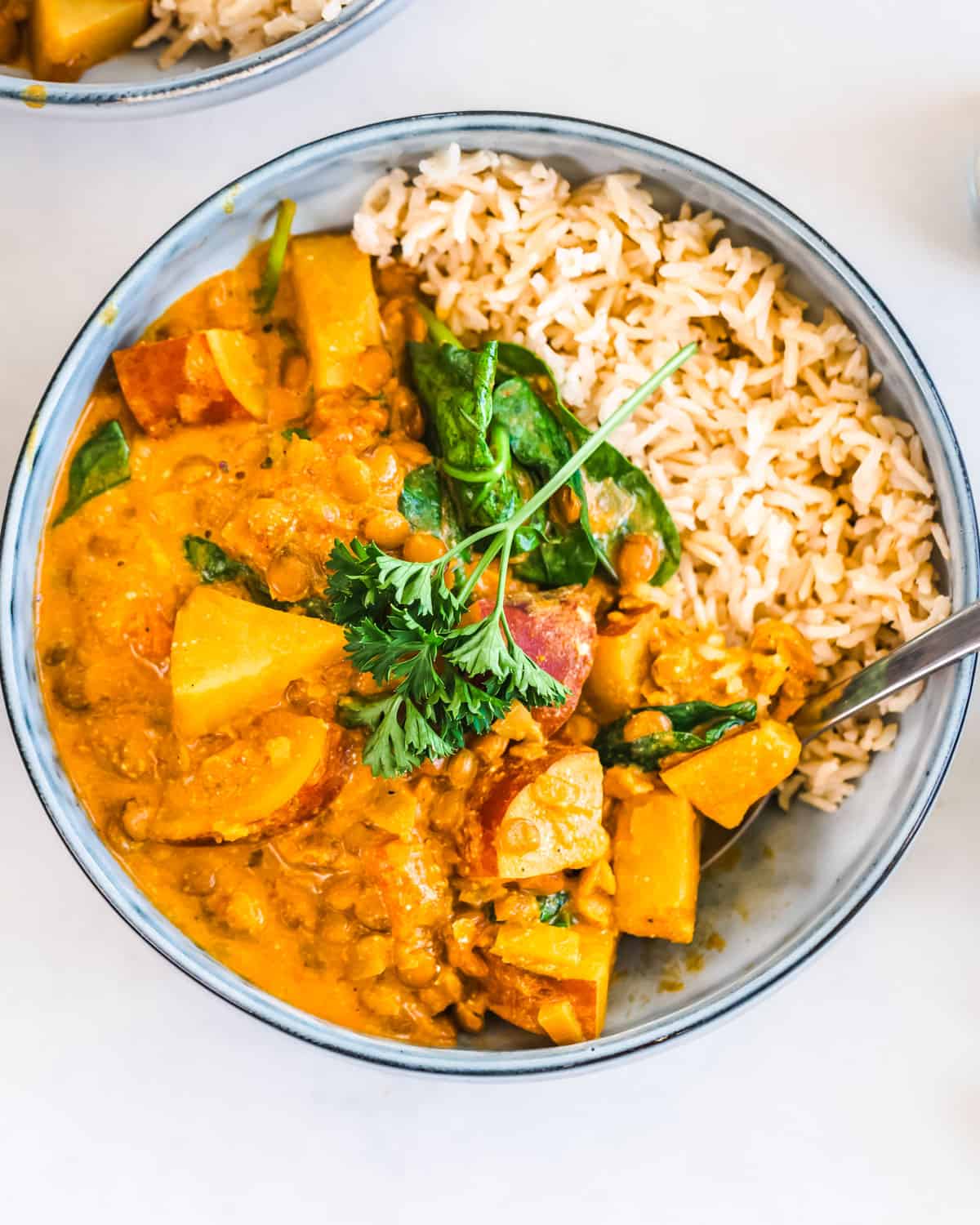 A bowl of lentil curry with sweet potatoes served over brown rice.