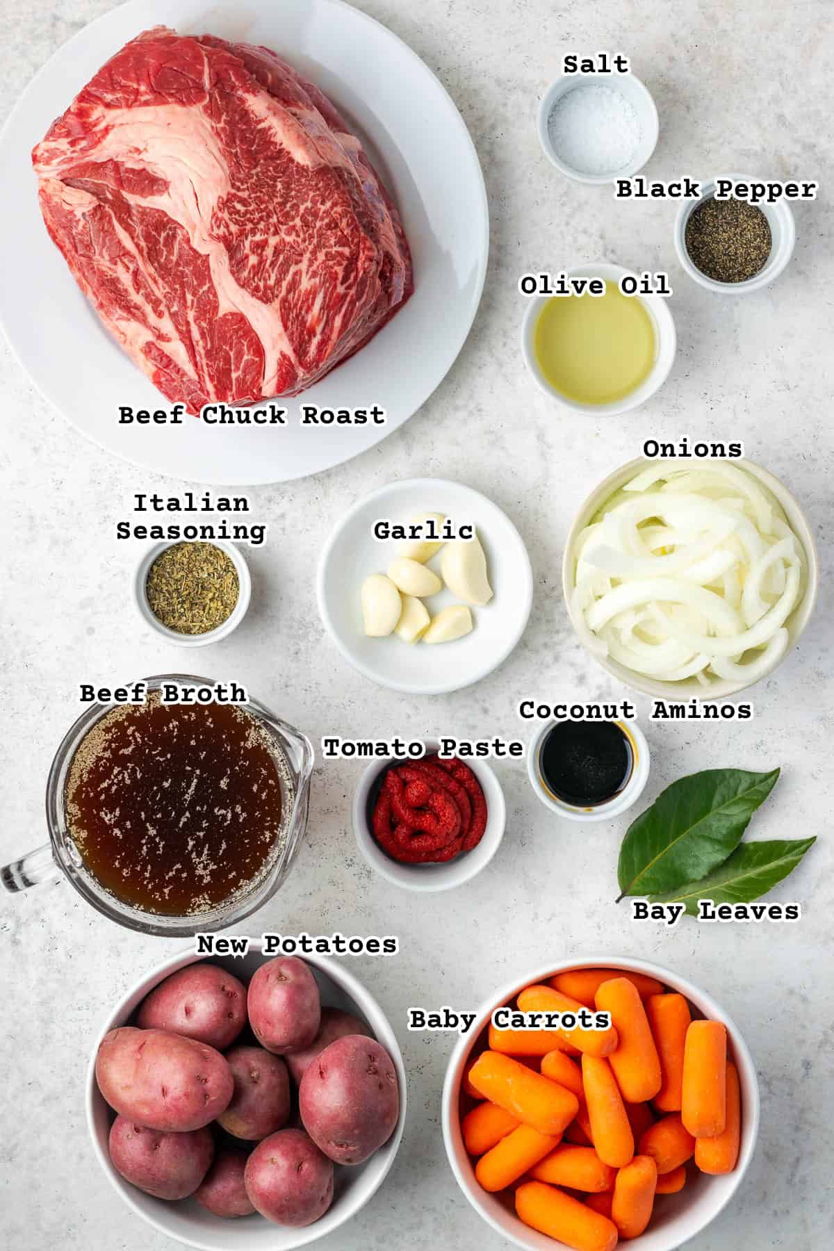 Ingredients for a pot roast dinner on a countertop.