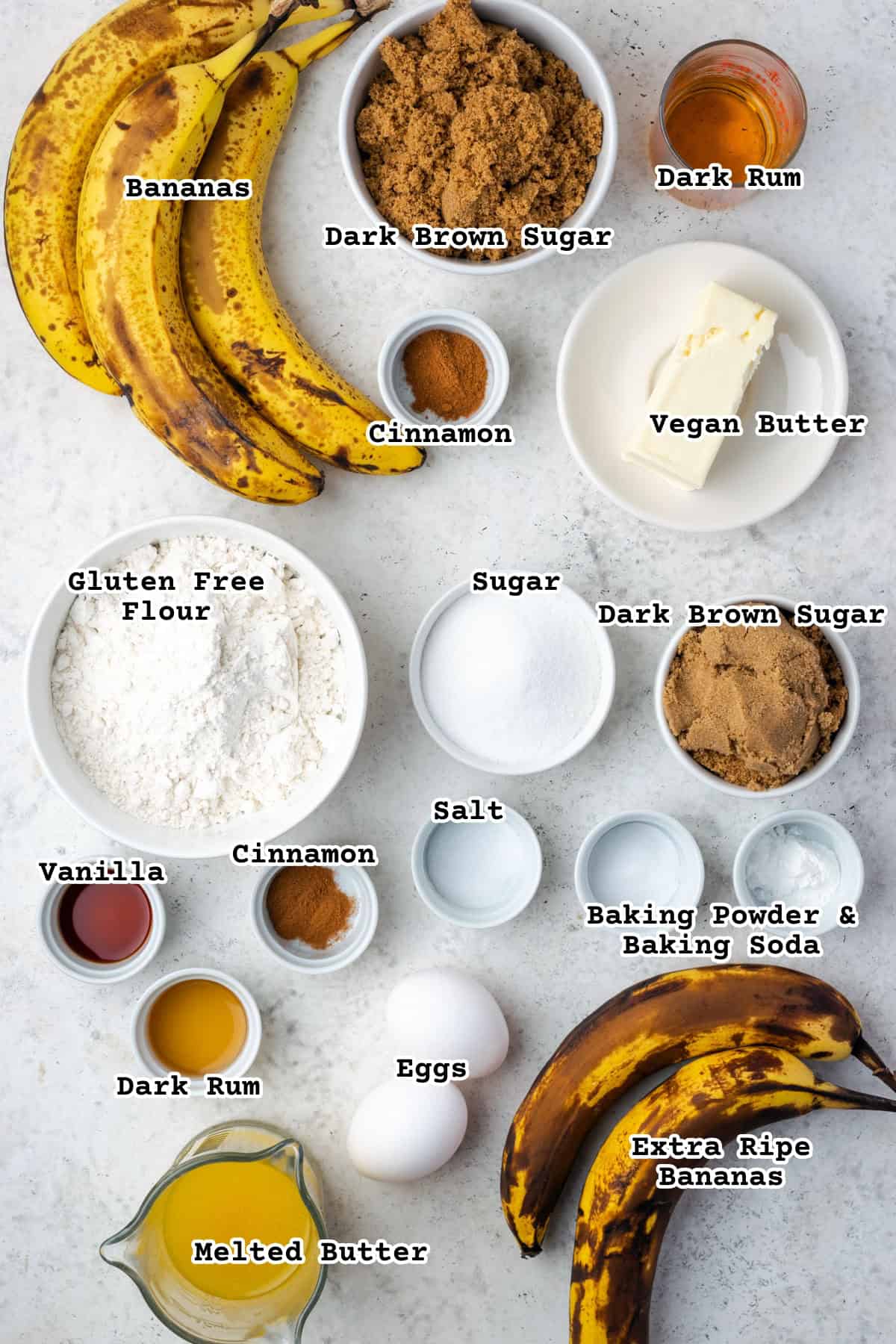 Ingredients for a bananas foster upside down cake sitting on a counter.