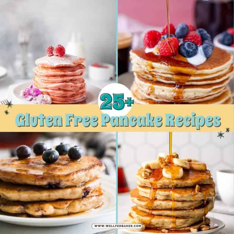 A collage of four photos showing different flavors of gluten free pancakes.