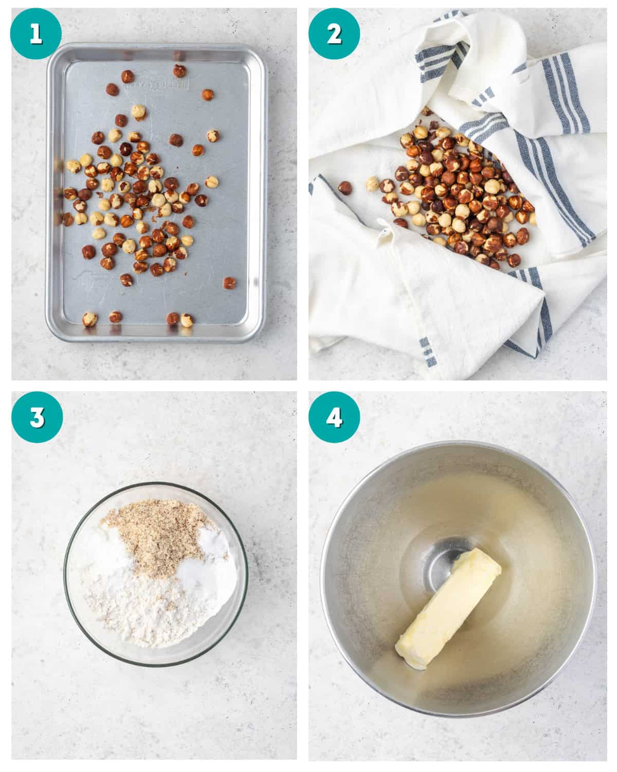 A collage of four step by step photos showing raw hazelnuts being roasted to remove skins and the dry ingredients being mixed together for the cookie dough.