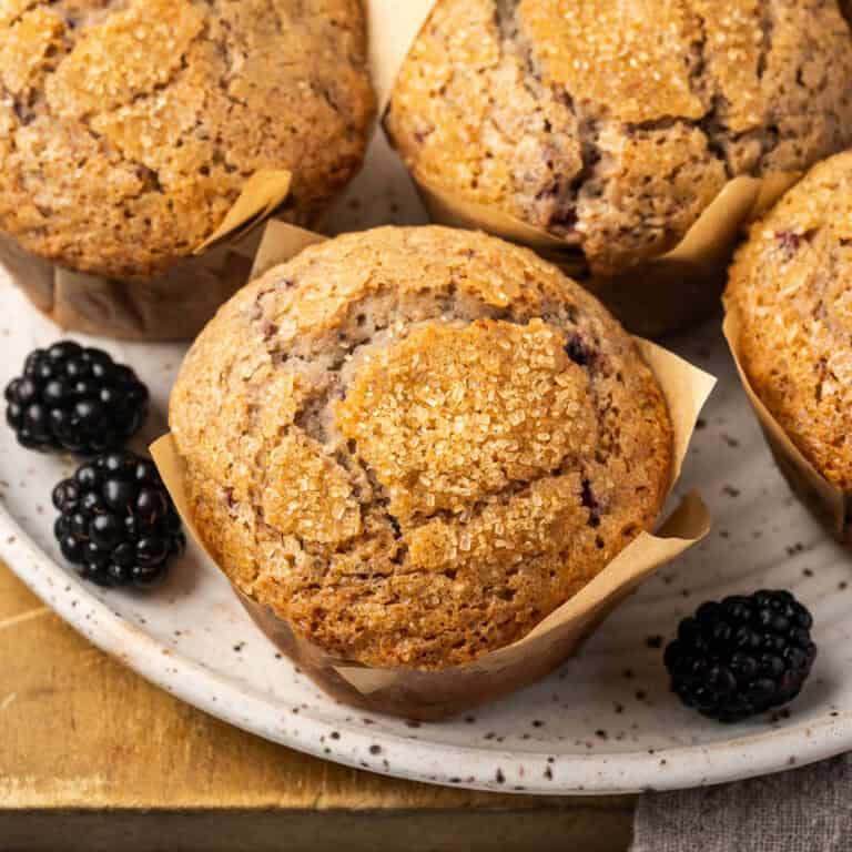 Freshly baked gluten free blackberry muffins sitting on a plate with a few fresh blackberries.